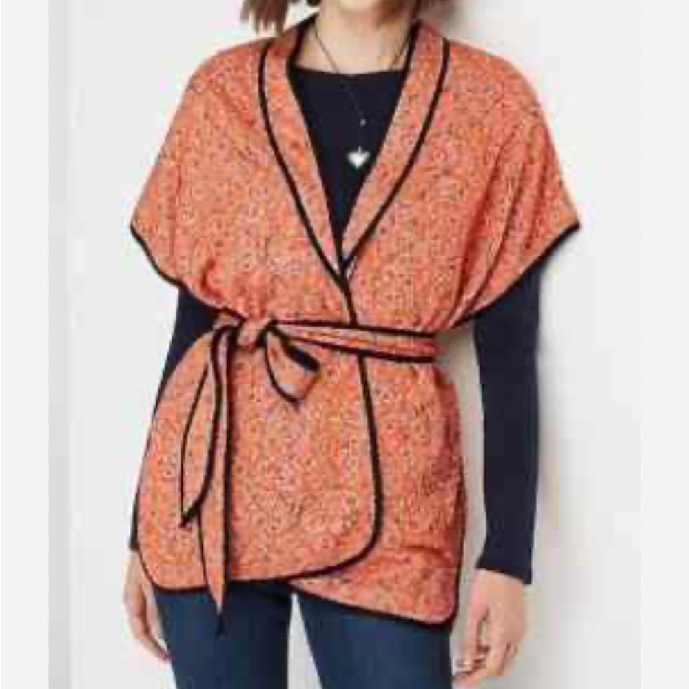 NWT, J. Jill Belted Quilted Ruana Jacket Kimono Orange Paisley Belted, Sz S-L
